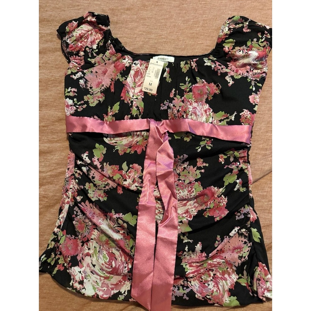 Dressbarn Vintage Floral Print Ruched Cap Sleeve Top Size M